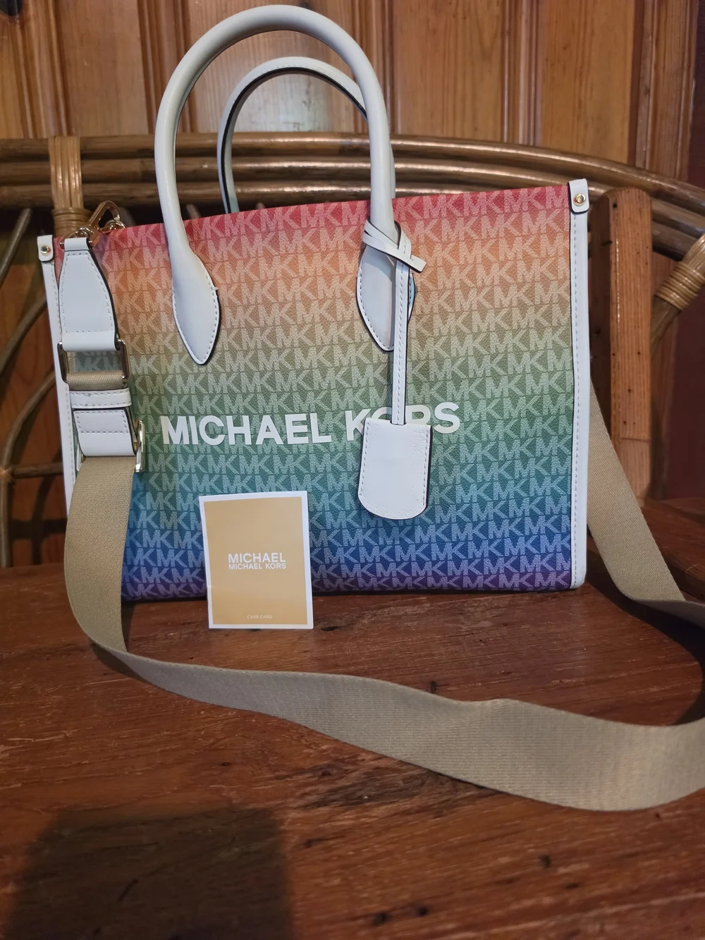 Michael Kors Rainbow Logo Tote with White Trim and Tan Strap